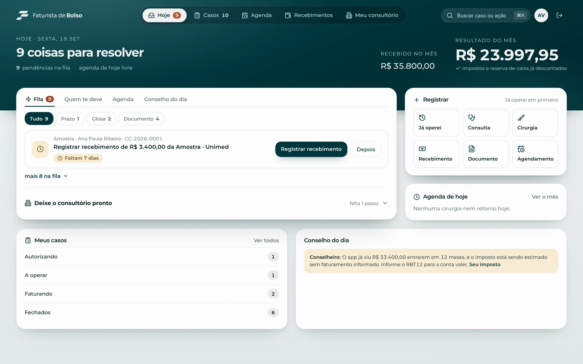 A tela Hoje do Faturista de Bolso: o resultado do mês e a fila do que precisa ser resolvido.