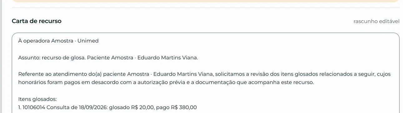 A carta de recurso, já escrita, com os itens glosados listados.