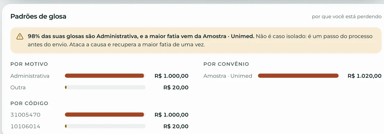 O quadro de padrões de glosa: por motivo, por convênio e por código.