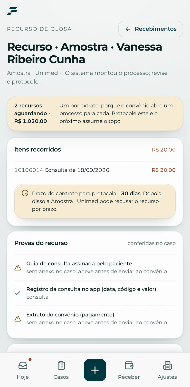 Um recurso de glosa montado pelo sistema, com as provas e a carta prontas para revisar.